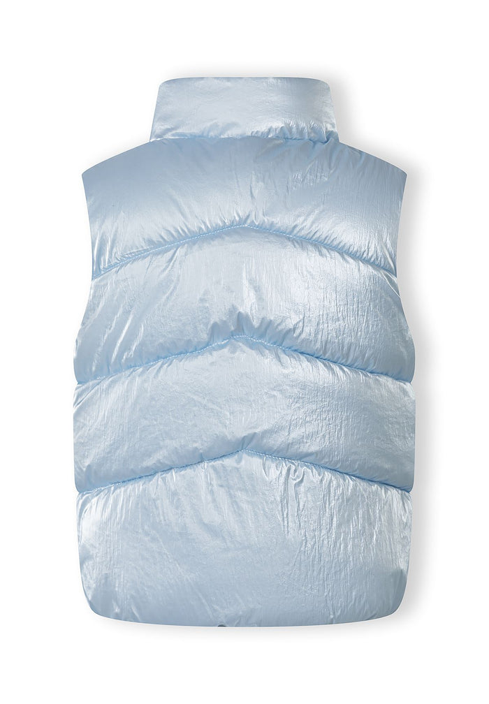 Girls quilted waistcoat in metallic light blue, back view with stand collar.
