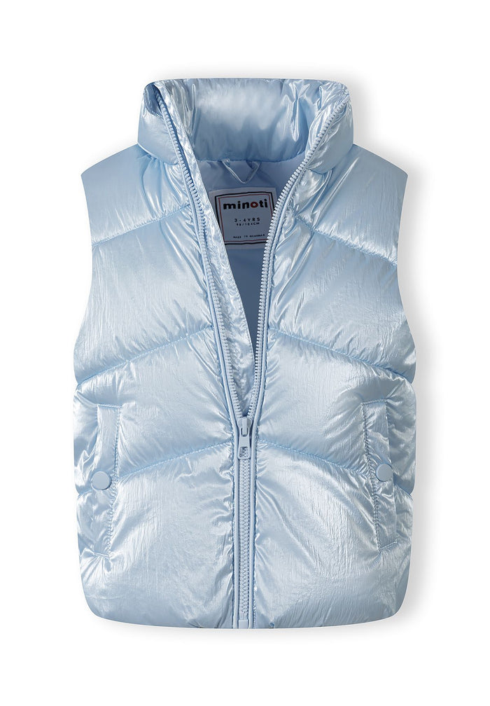 Girls quilted waistcoat in metallic light blue, front view with zip and side pockets.