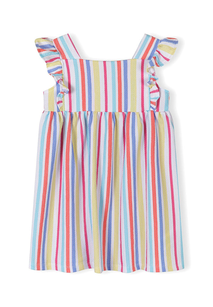 Girls multicolour striped dress, front view, fitted silhouette with flutter sleeves.