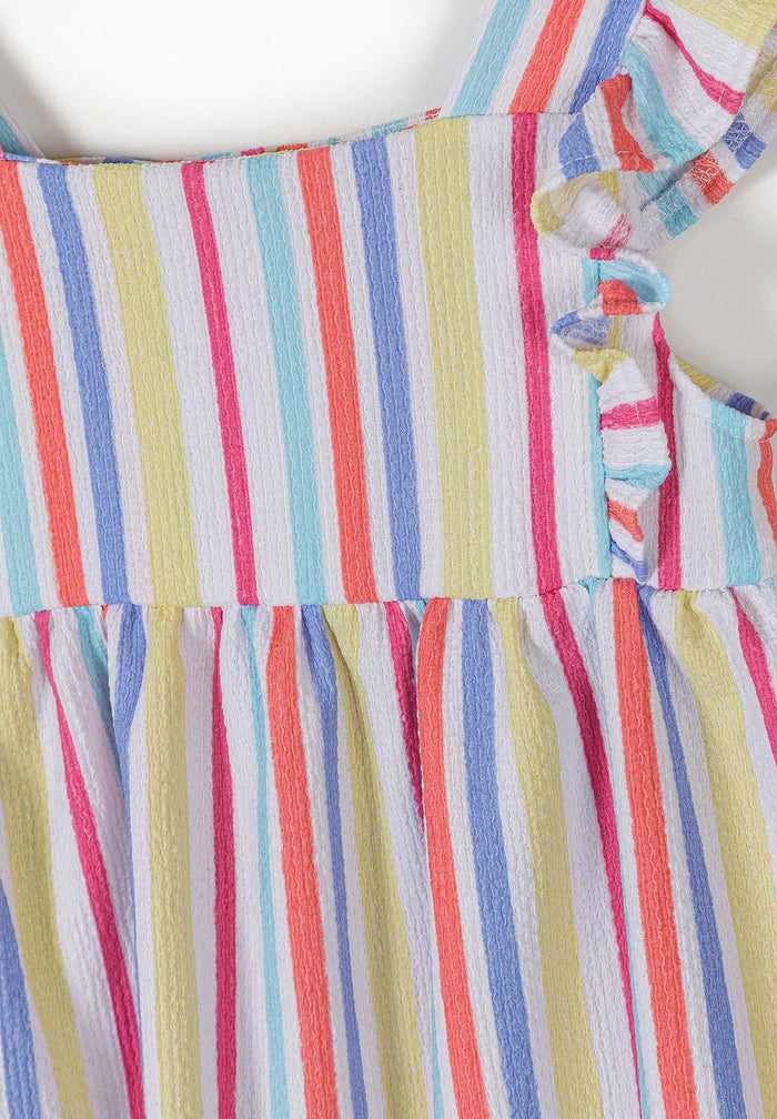 Detail of a multicolour striped girls dress with a fitted silhouette and flutter sleeves.