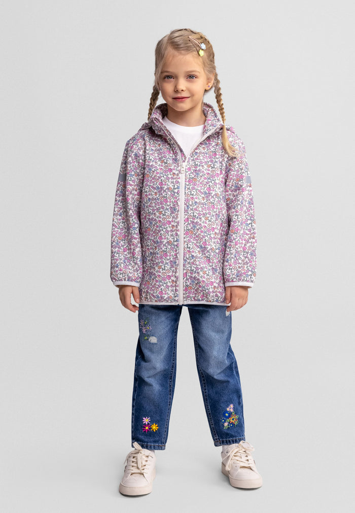 Girls softshell jacket with floral print, front view, features attached hood and two front pockets.