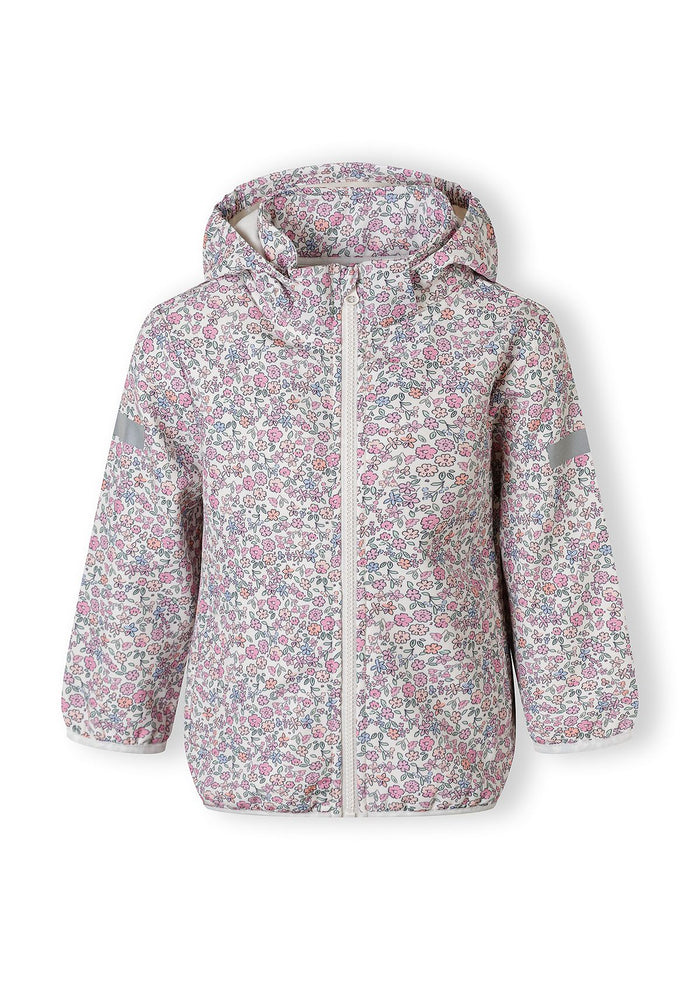 Girls softshell jacket with floral print, front view, features attached hood and two front pockets.