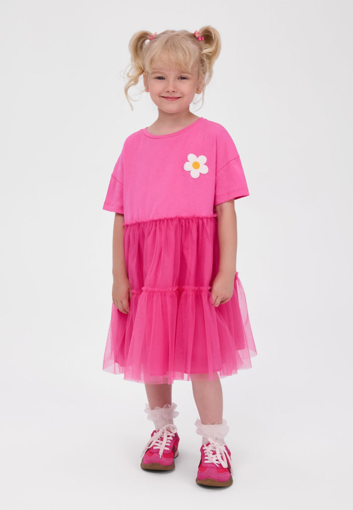 Jersey Tulle Dress, Pink, Crochet Flower - 1
