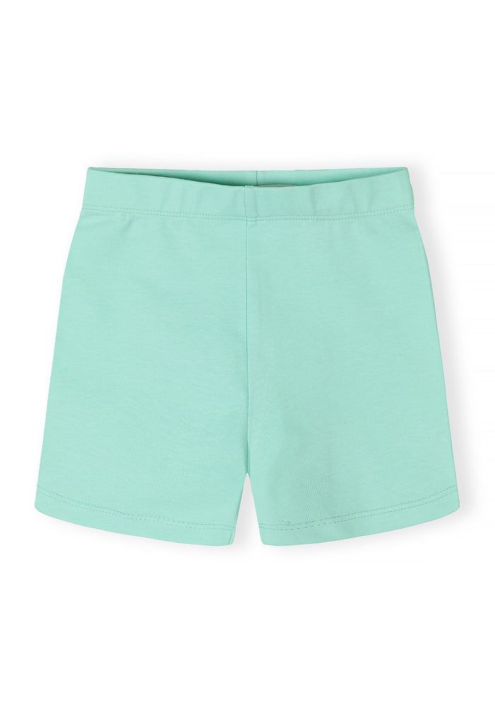 Girls cotton stretch bike shorts, mint green, front view with elasticated waistband.