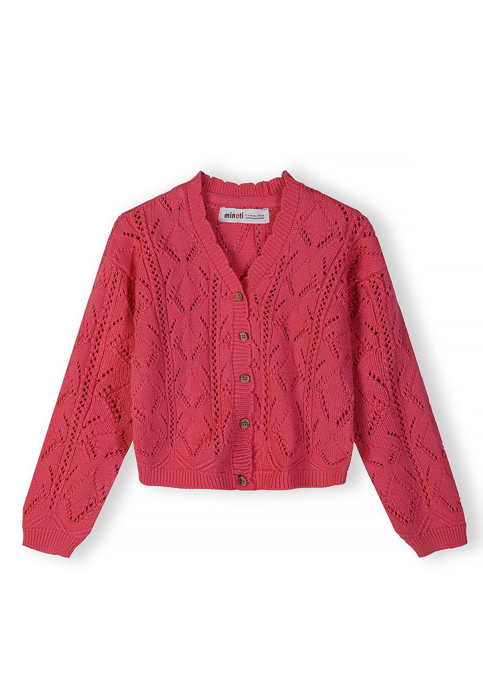 Girls pink pointelle cardigan, front view, featuring button closure and long sleeves.