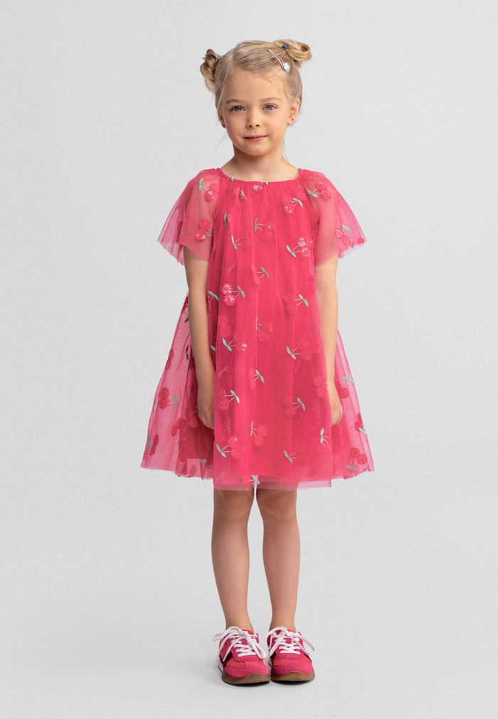 Front view of a pink tulle party dress for girls, featuring angel sleeves and floral embroidery.