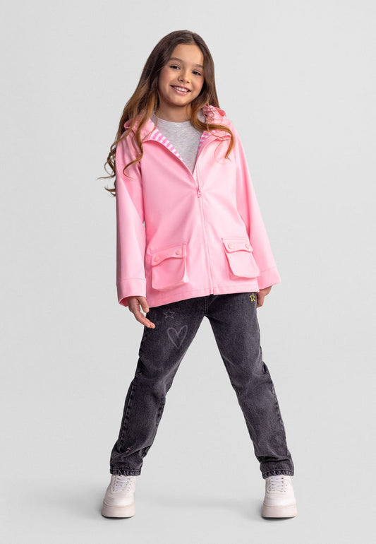 Girls pink waterproof jacket with fixed hood and front zip, front view.
