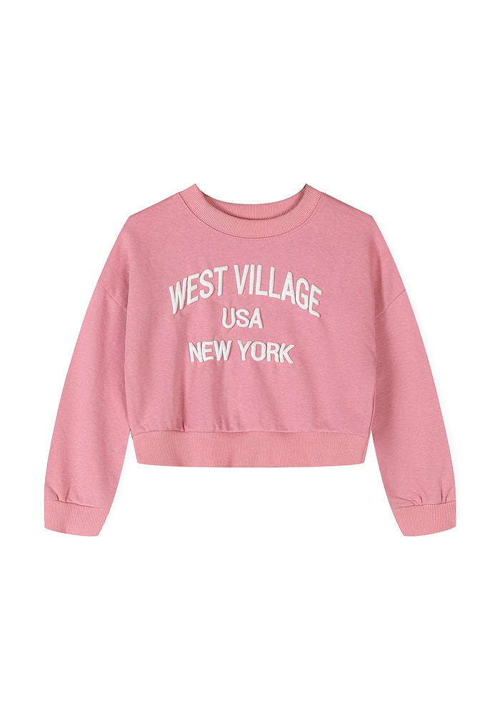 A pink cropped crewneck sweatshirt with 'WEST VILLAGE USA NEW YORK' printed in white arched text across the chest, displayed on a solid white background.