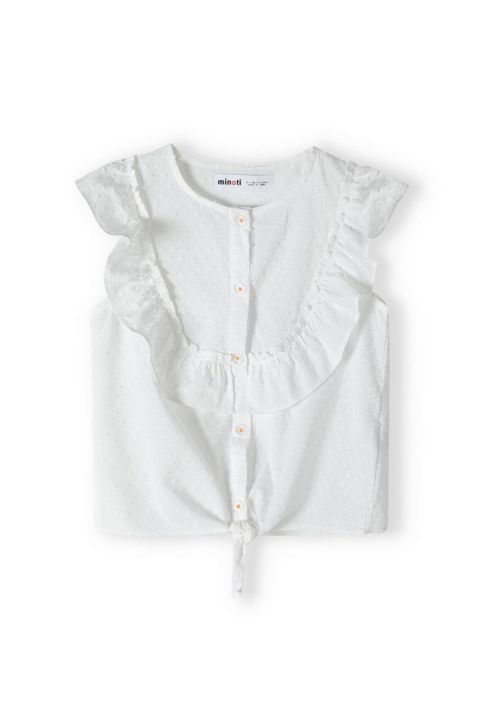 Broderie Tie-Front Top, White, Ruffle Sleeves - 2