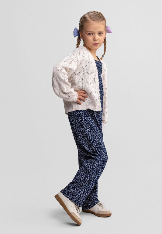 Girls white button front cardigan, long sleeve, featuring pointelle knit detail.