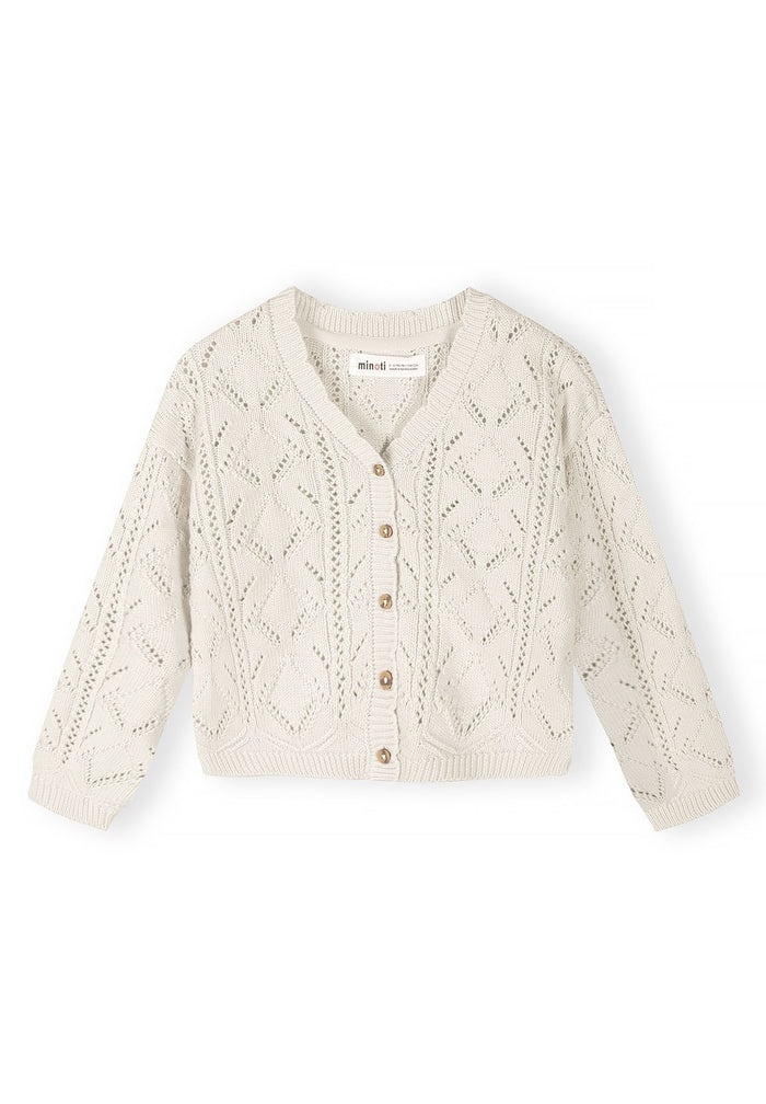 Girls white button front cardigan with long sleeves and pointelle knit detail.