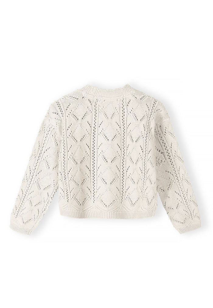 Girls white button front cardigan, back view, featuring delicate pointelle knit.