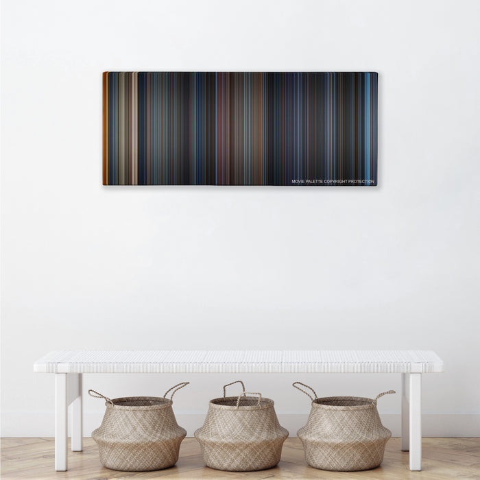 Godzilla color palette canvas above a white bench with three woven baskets