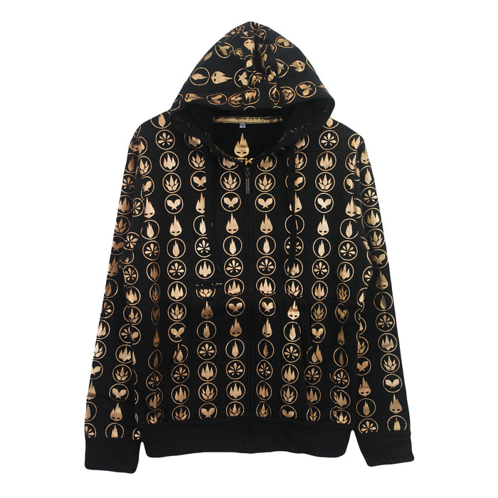 A black zip-up hoodie by Thousand Foot Krutch, featuring a hood, drawstrings, and a repeating gold geometric and leaf pattern in vertical lines.