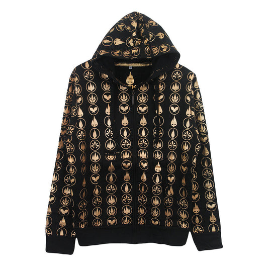 A black zip-up hoodie by Thousand Foot Krutch, featuring a hood, drawstrings, and a repeating gold geometric and leaf pattern in vertical lines.