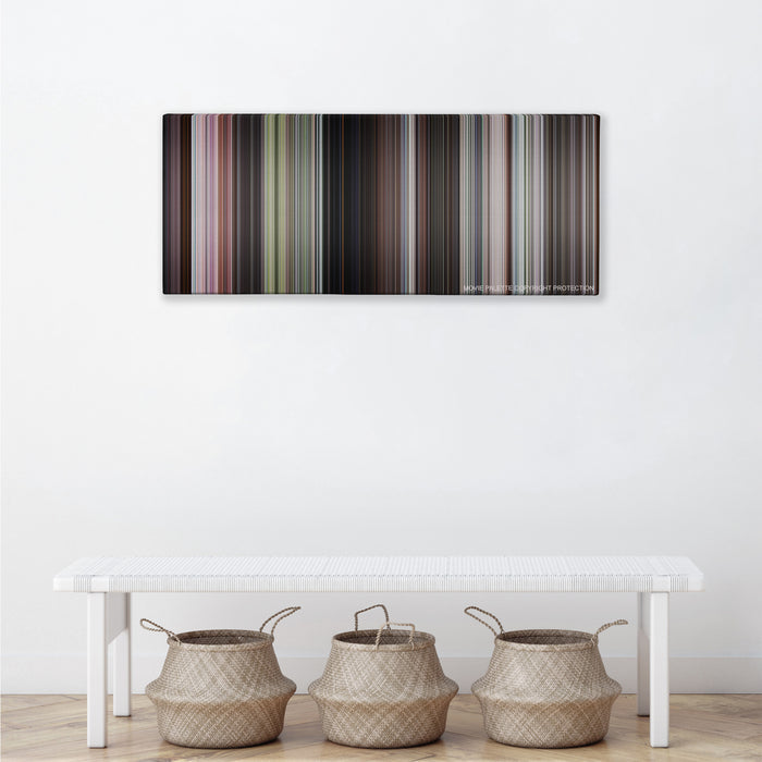 Goldfinger color palette canvas above a white bench with three woven baskets
