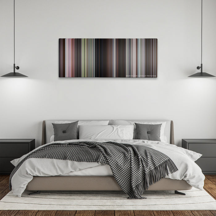Goldfinger color palette canvas above a bed, between two black pendant lamps