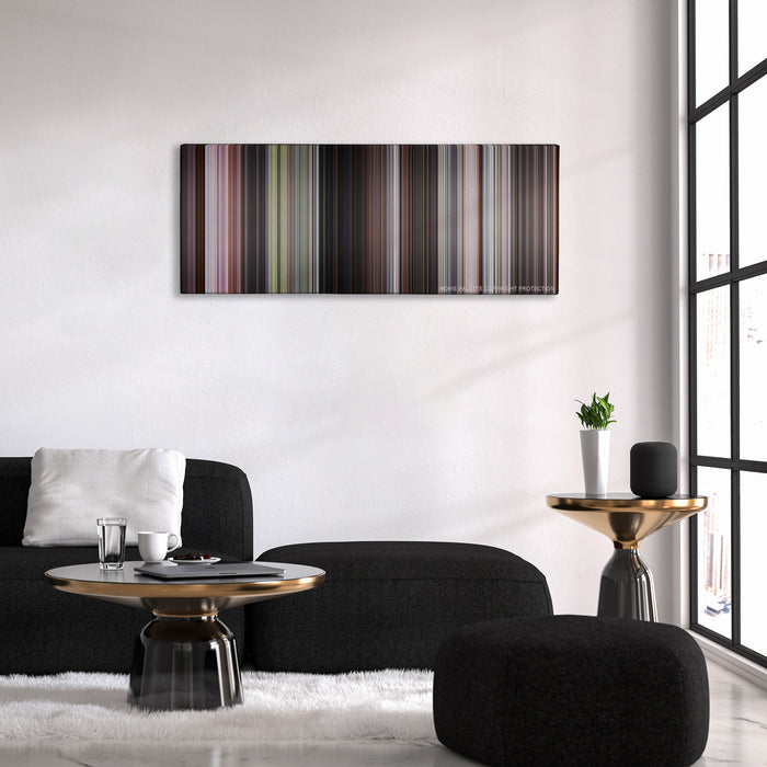 Goldfinger color palette canvas above a black sofa with a gold-topped table