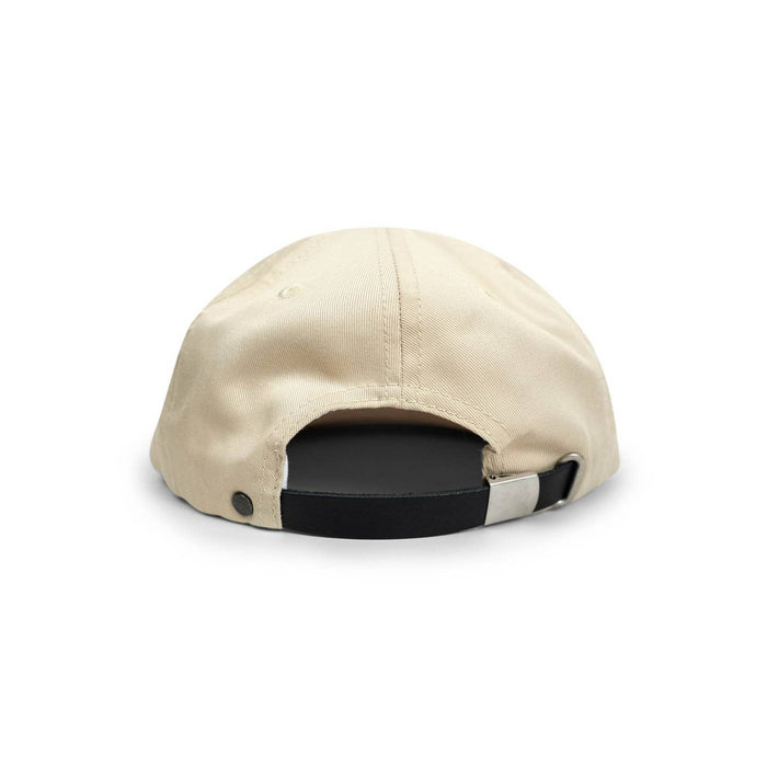 Back view of beige cap with black adjustable strap and metal buckle