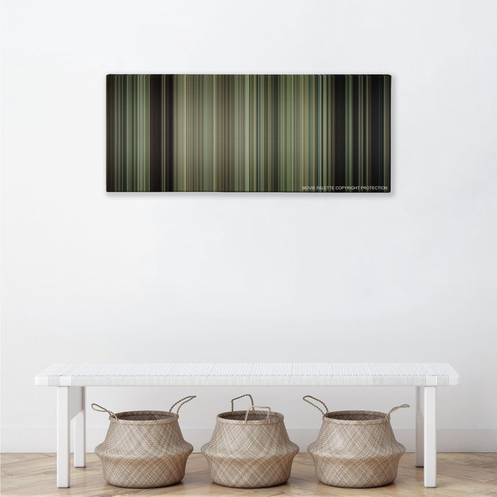 Gran Torino color palette canvas above a white bench with three woven baskets