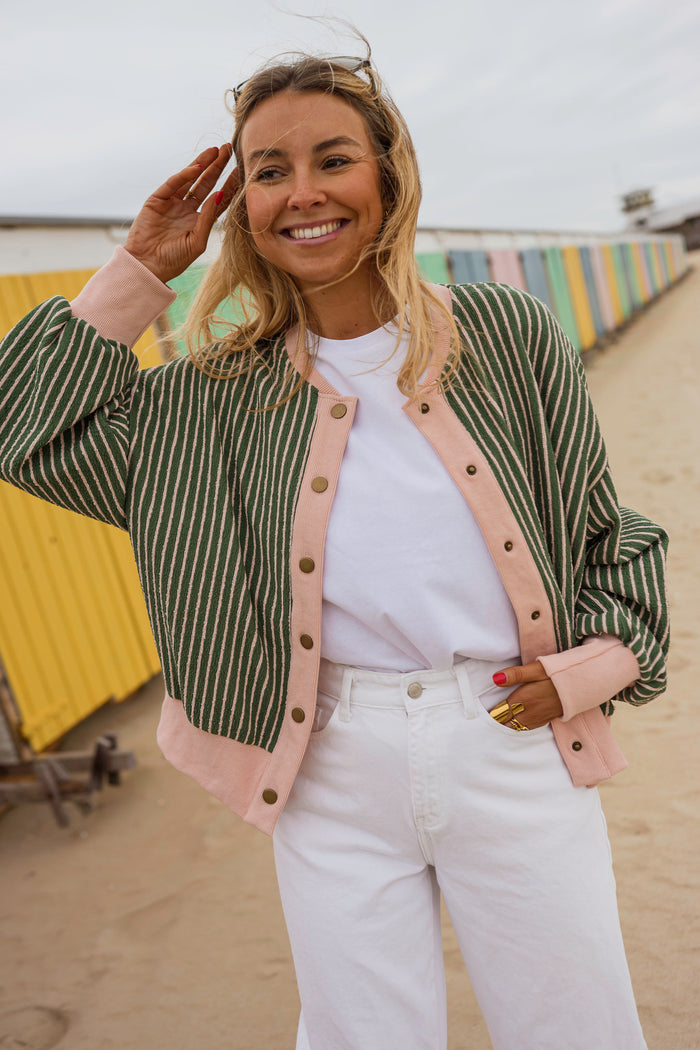 Green with pink stripes Verda cardigan, front view