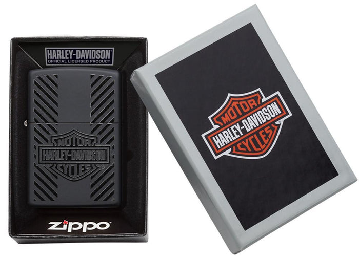 Harley-Davidson® Classic Logo Black Matte Windproof Lighter in its packaging