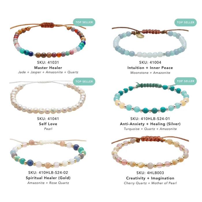 Healing Crystal Bracelet collage showing multiple colorful beaded bracelets on a white background.