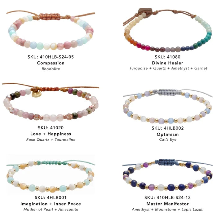 Healing Crystal Bracelet collection of six colorful beaded bracelets featuring a variety of gemstones.