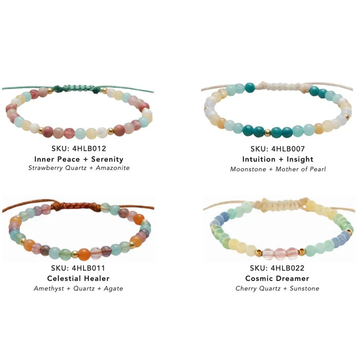 Two rows of Healing Crystal Bracelets in soft pastels and bright stones with Inner Peace Serenity and Intuition Insight.