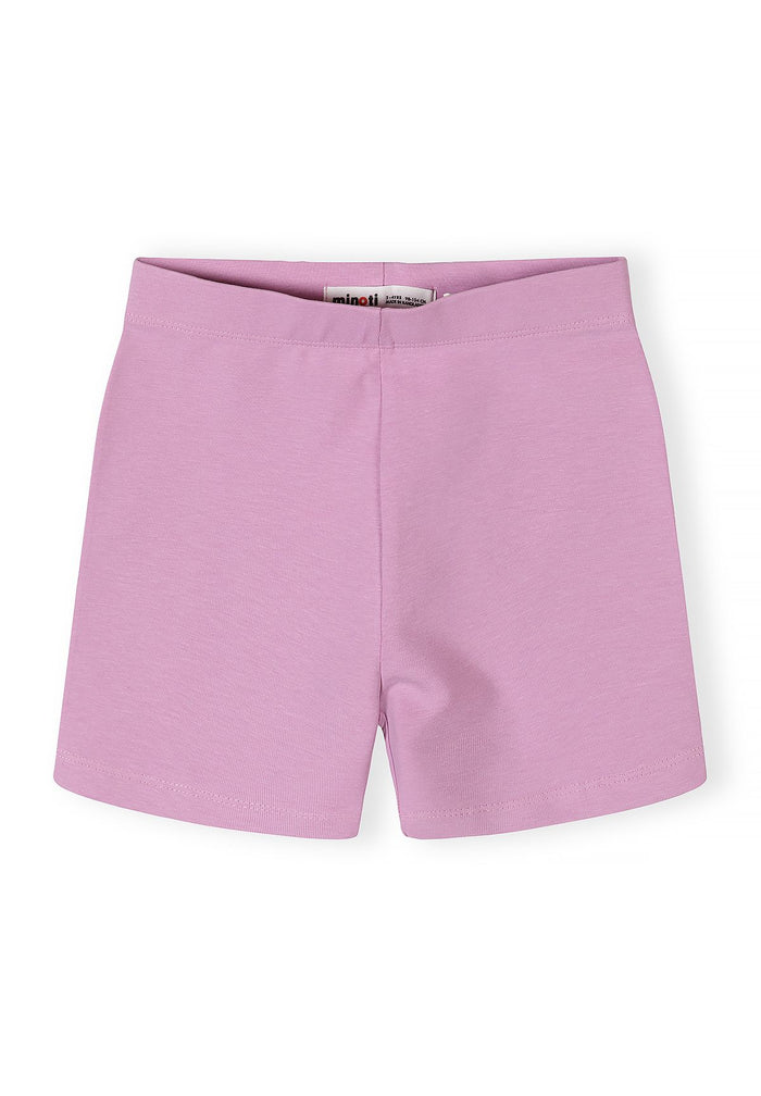 Detail of lilac cycle shorts with elasticated waistband for girls aged 12 months to 7 years.