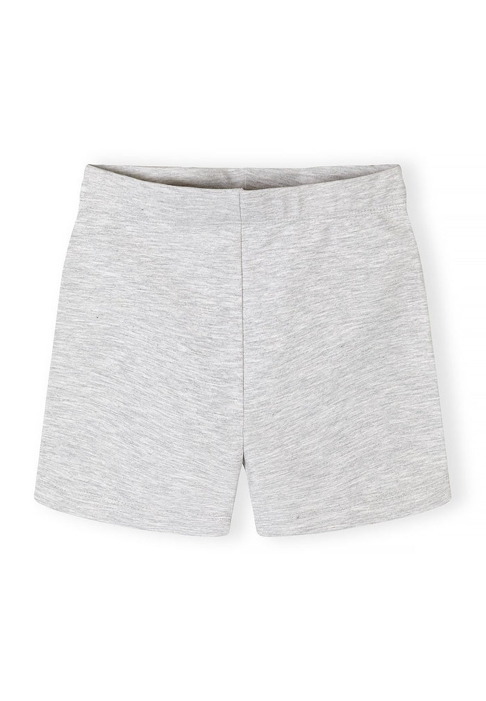 Front view of grey cycle shorts with an elasticated waistband for girls aged 12 months to 7 years.