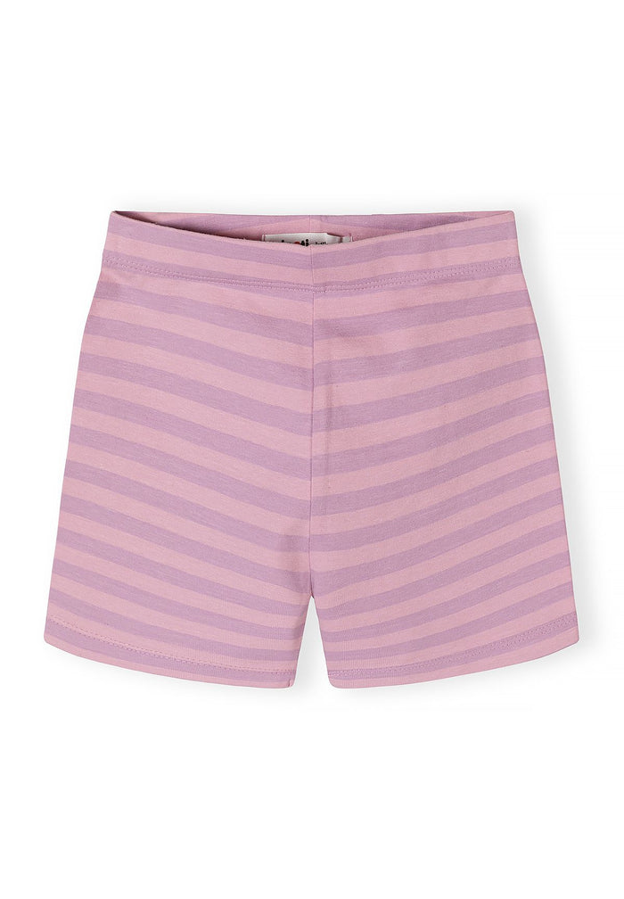 Lilac cycle shorts for girls, front view, featuring horizontal stripes and an elasticated waistband.