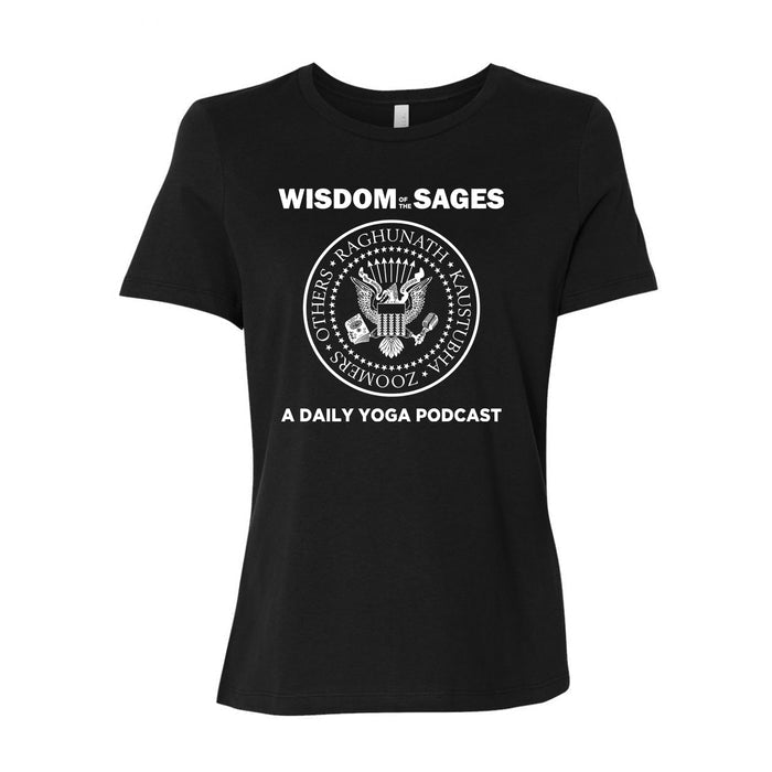 Wisdom Of The Sages black T-shirt with a punk band-style circular emblem. Features Wisdom of the Sages, A Daily Yoga Podcast and names: Raghunath, Kaustubha, Others, Zoomers around the logo.