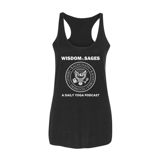A black racerback tank from Wisdom Of The Sages with white text: WISDOM of the SAGES and A DAILY YOGA PODCAST. The center displays a circular, band-style emblem featuring names and yoga symbols.