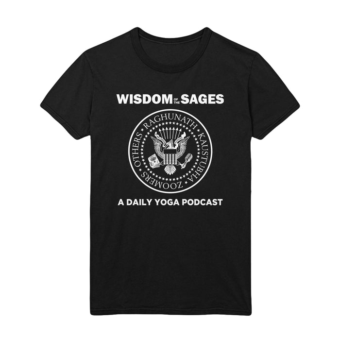 A black Wisdom Of The Sages t-shirt featuring WISDOM of the SAGES and A DAILY YOGA PODCAST text, a band-style circular emblem, and names: Raghunath, Kaustubha, Others, Zoomers.