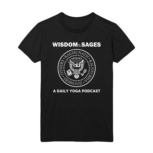 A black Wisdom Of The Sages t-shirt featuring WISDOM of the SAGES and A DAILY YOGA PODCAST text, a band-style circular emblem, and names: Raghunath, Kaustubha, Others, Zoomers.