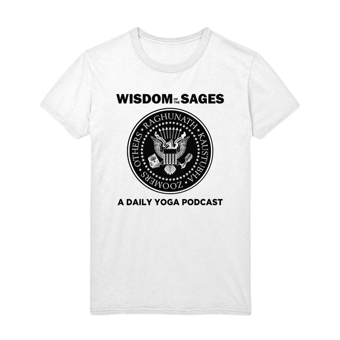 White T-shirt by Wisdom Of The Sages with a black circular emblem featuring “Raghunath,” “Kaustubha,” “Others,” and “Zoonies” around the edge, “WISDOM OF THE SAGES” above, and “A DAILY YOGA PODCAST” below.