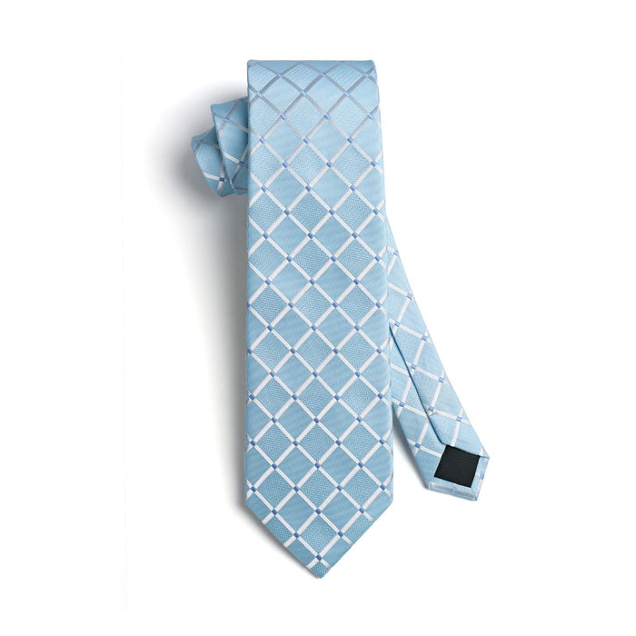 Plaid Tie Handkerchief Cufflinks Clip - BABY BLUE