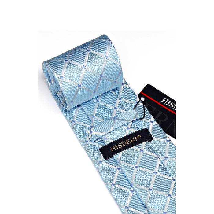 Plaid Tie Handkerchief Cufflinks Clip - BABY BLUE