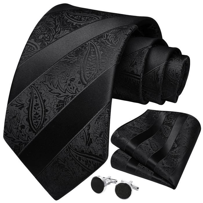Stripe Tie Handkerchief Cufflinks - B1-BLACK