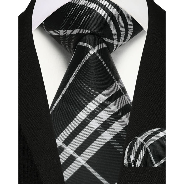 Plaid Tie Handkerchief Set - BLACK/WHITE