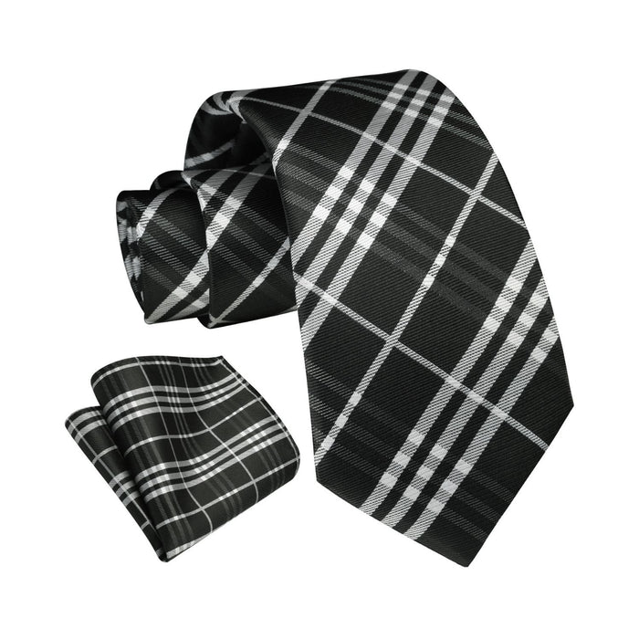 Plaid Tie Handkerchief Set - BLACK/WHITE