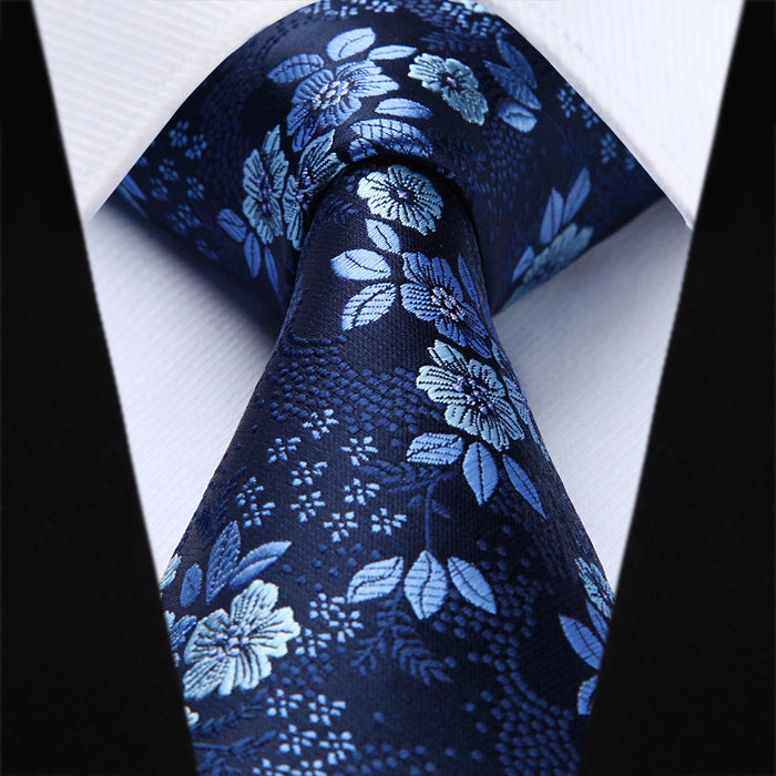 Floral Tie Handkerchief Set - BLUE
