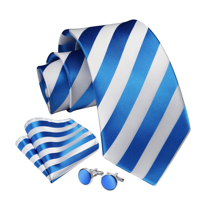 Stripe Tie Handkerchief Cufflinks - C01-BLUE & WHITE