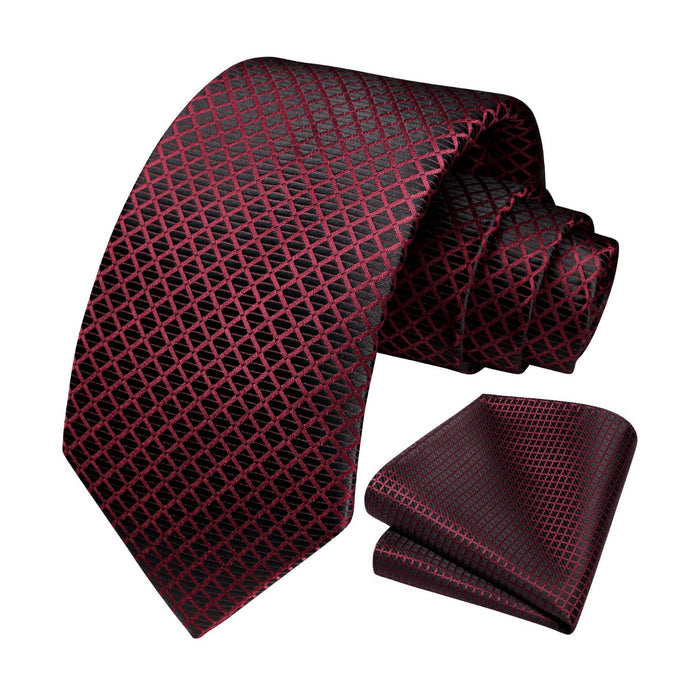 Plaid Tie Handkerchief Set - BURGUNDY-3