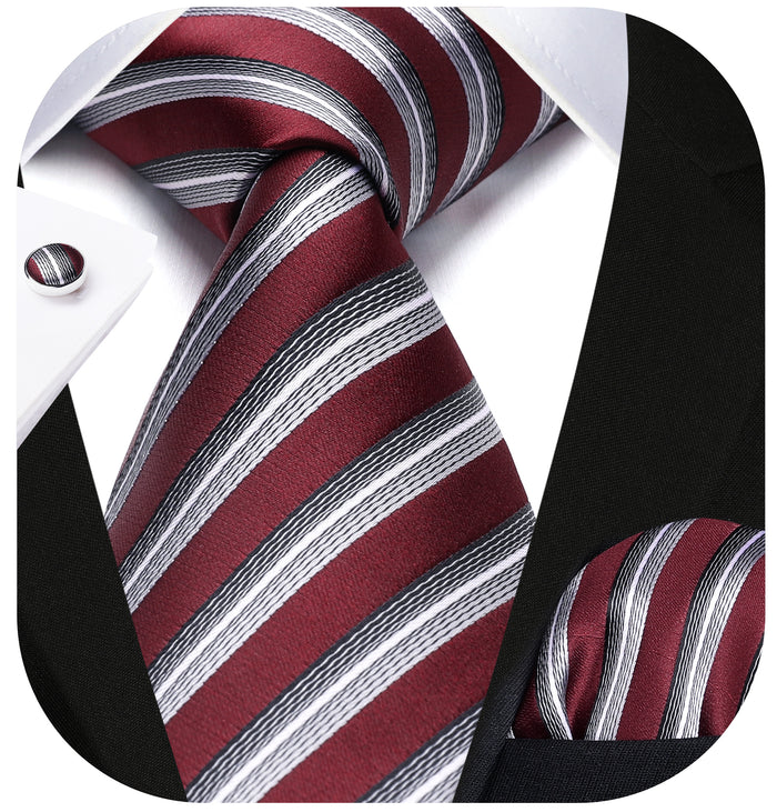 Stripe Tie Handkerchief Cufflinks - 02B-STRIPE-RED/GRAY