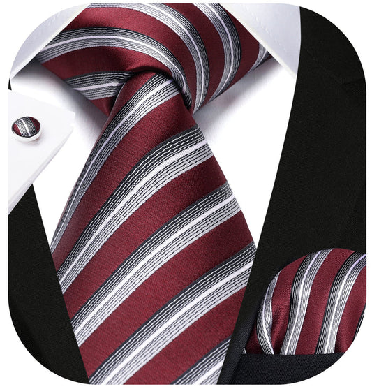 Stripe Tie Handkerchief Cufflinks - 02B-STRIPE-RED/GRAY