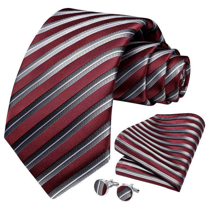 Stripe Tie Handkerchief Cufflinks - 02B-STRIPE-RED/GRAY