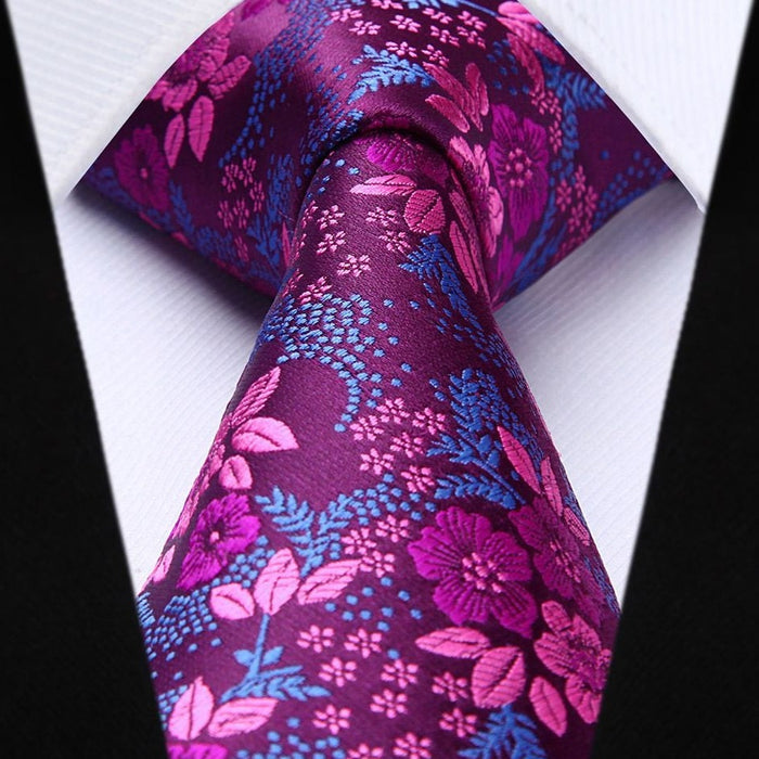 Floral Tie Handkerchief Set - HOT PINK/BLUE