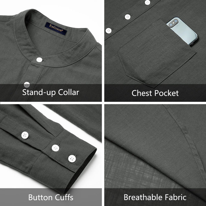 Hisdern Men's Dark Grey Henley Long Sleeve Shirt Casual Button-Up Style